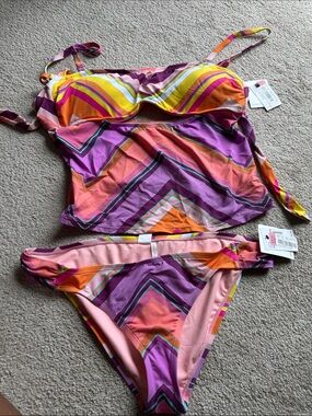 Vibrant Chevron Tankini Bikini Set - Pink, Purple, Orange, Yellow